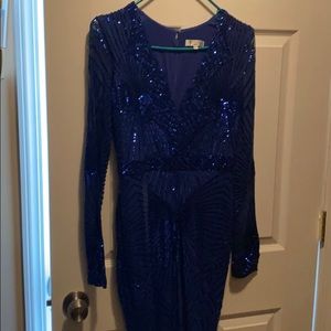 Goddiva London Long sleeve- Blue Sequined Gown